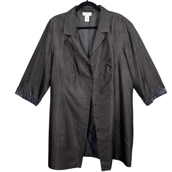 Avenue Plus Size Black Silk Tuxedo Style Jacket Knee Lenght Beaded Cuffs 18W - Picture 1 of 8
